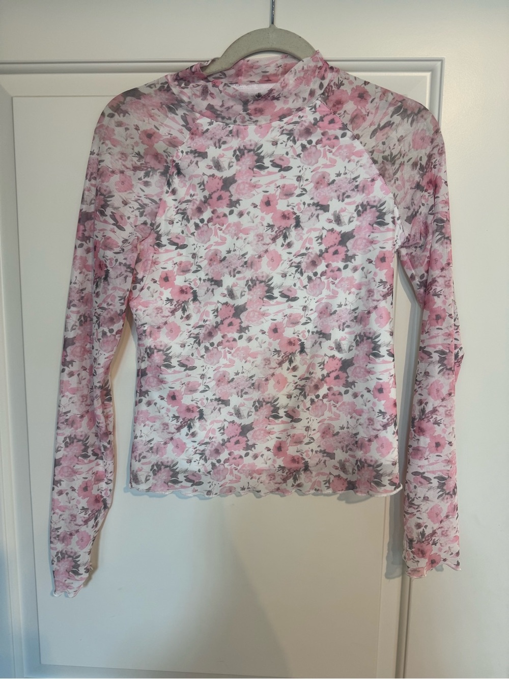 Floral Pink Long-Sleeve Mesh Top
